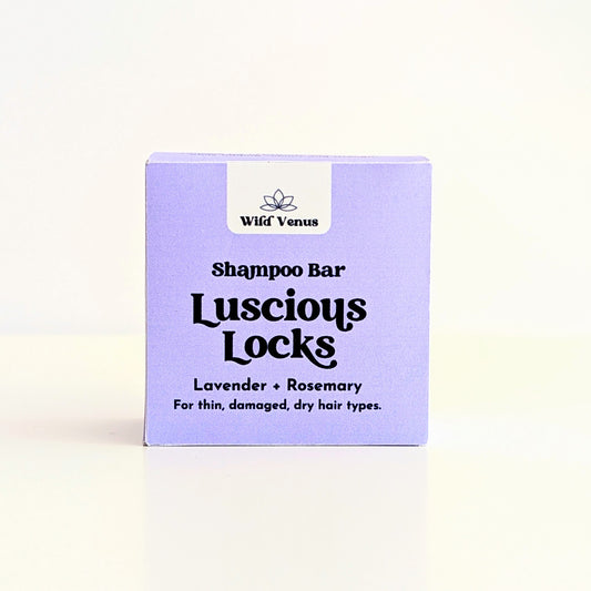 A box of Luscious Locks lavender hair shampoo bar.