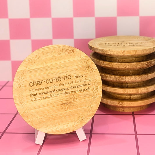 Charcuterie Wine Topper made from wood. Design has definition of Charcuterie on.