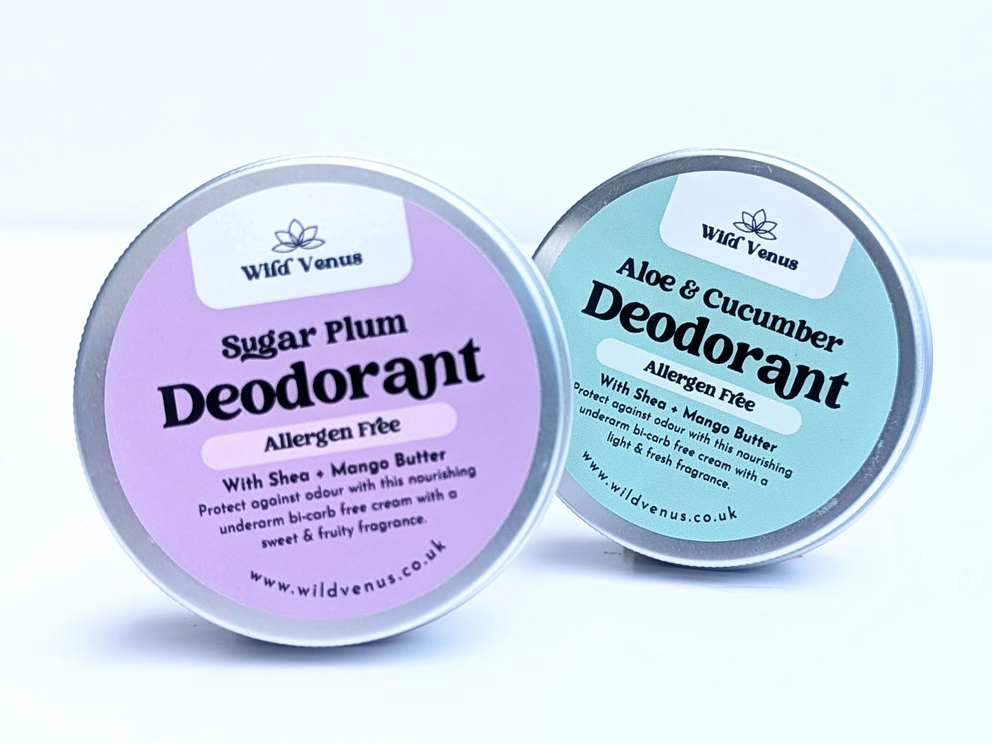 The two allergen free deodorants are side by side against a white background. The sugar plum is in front and to the left, the aloe and cucumber is behind and on the right.
