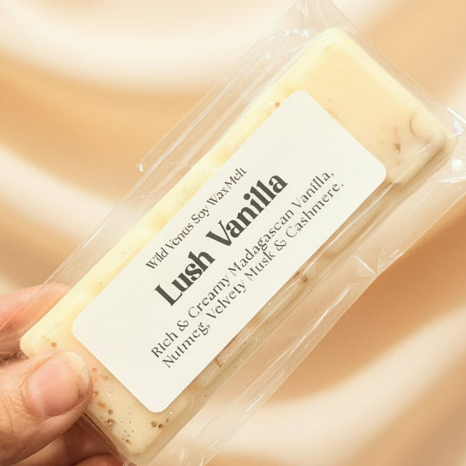 Lush vanilla wax melt against a creamy fabric background