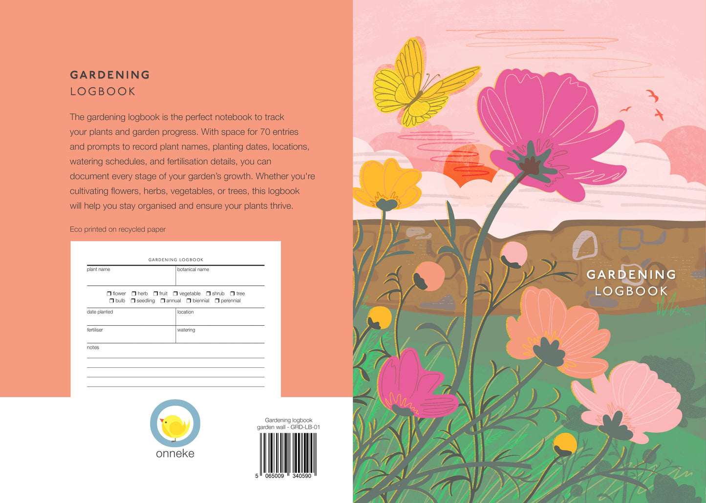 Onneke gardening log book back and front.