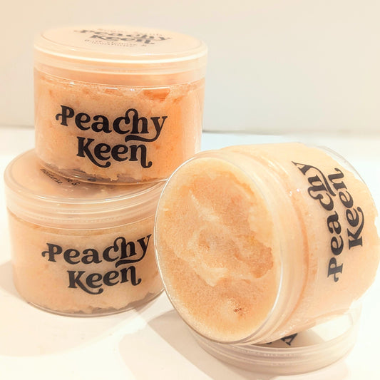 Peachy Keen 3 sugar scrubs against white background