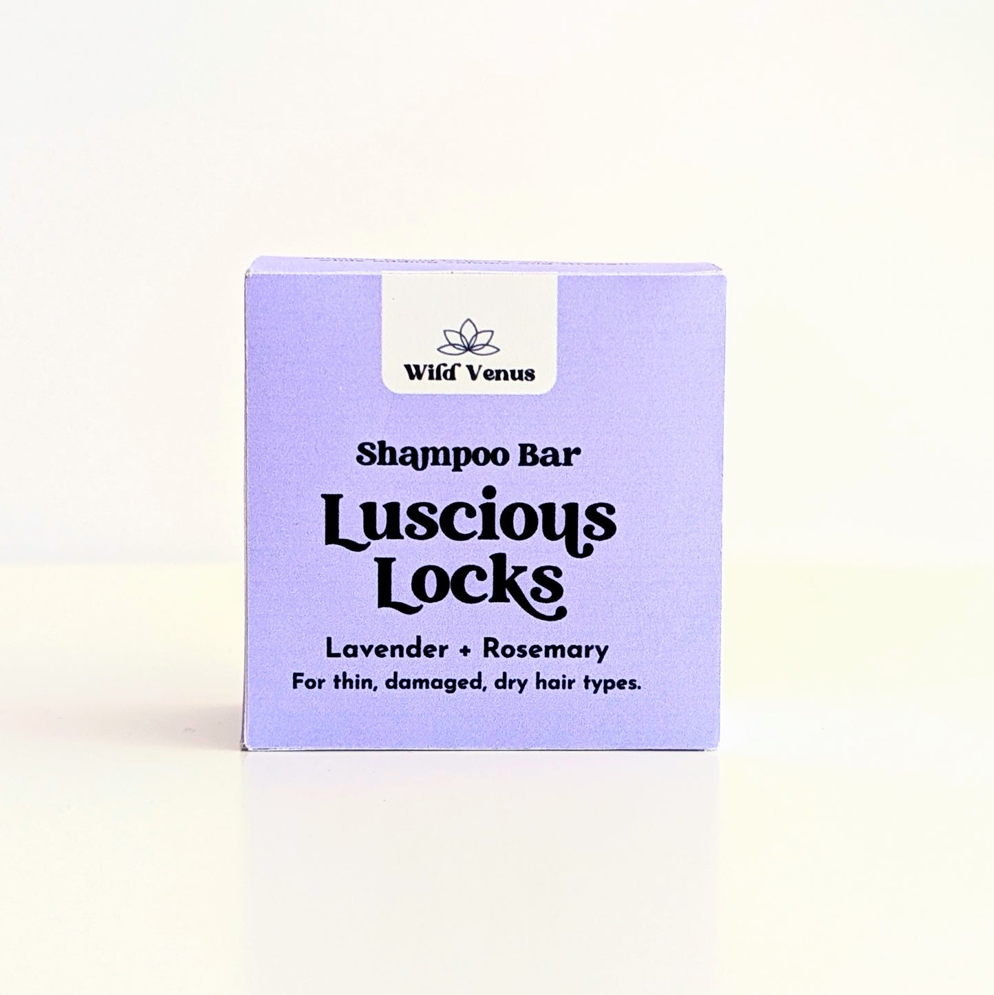 A box of Luscious Locks lavender hair shampoo bar.