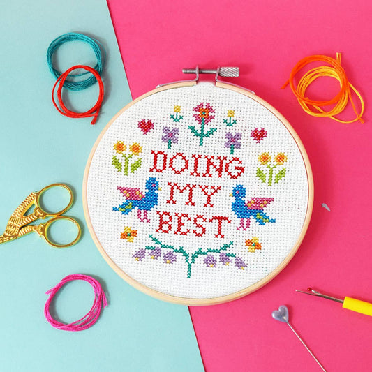 'Doing my Best' large cross stitch kit with scissors.