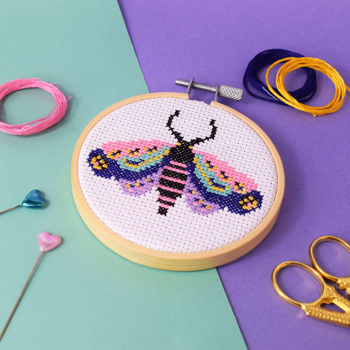 The magical moth cross stitch kit makes one mini cross stitch.