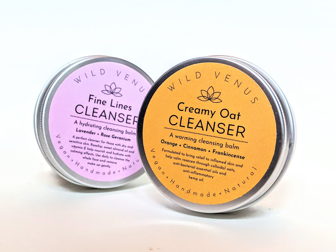 A pot of Creamy Oat Cleansing Balm and. Fine Lines Cleansing Balm for Mature Skin. 