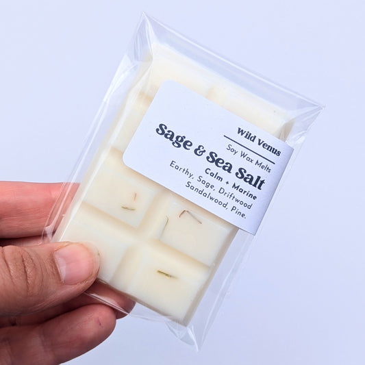 Holding a Sage and sea salt scented soy wax melt.