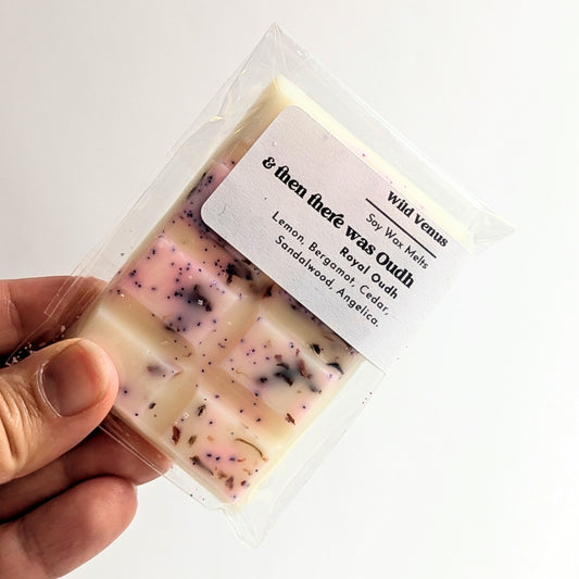Holdig the And then there was Oudh soy wax melt against a white background. 