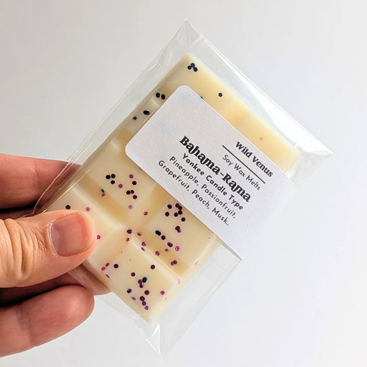 Holding the Bahama-Rama soy wax melt which is like a yankee candle scent. 