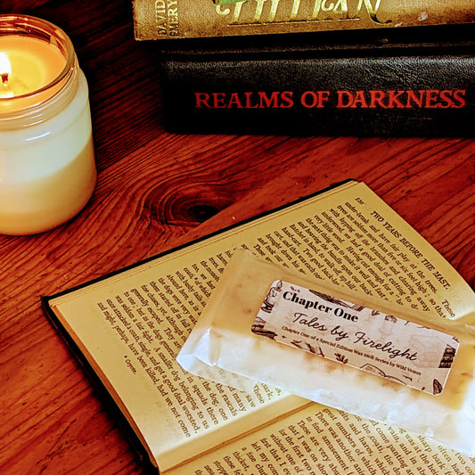 A soy wax melt is on top of an open book, candles flicker beside it and there is a stack of books, ivy peeks I the background. 