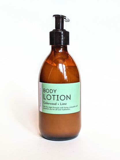 A bottle of cedarwood and lime hand and body lotion. 