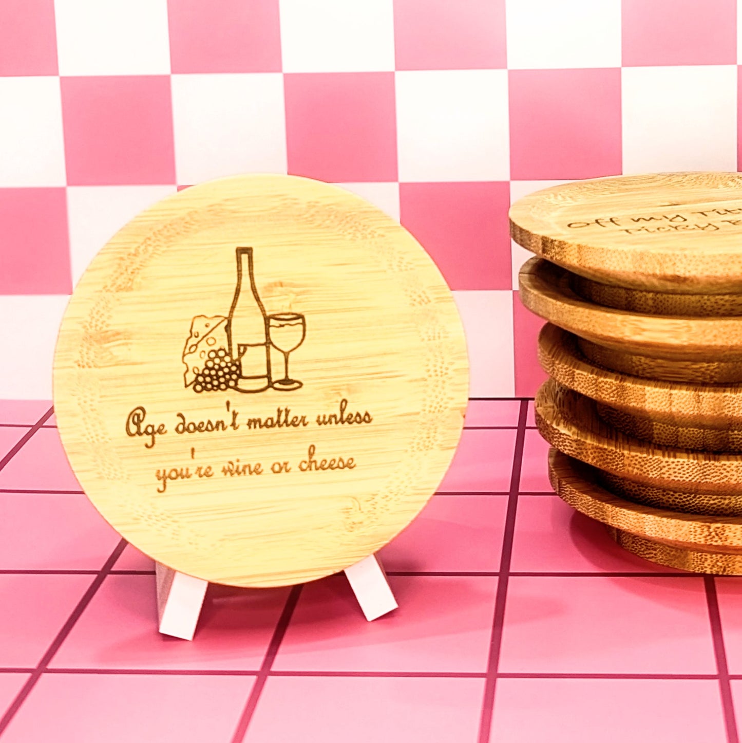 Charcuterie Wine Topper made from wood. Design has pun about cheese, wine and age. 