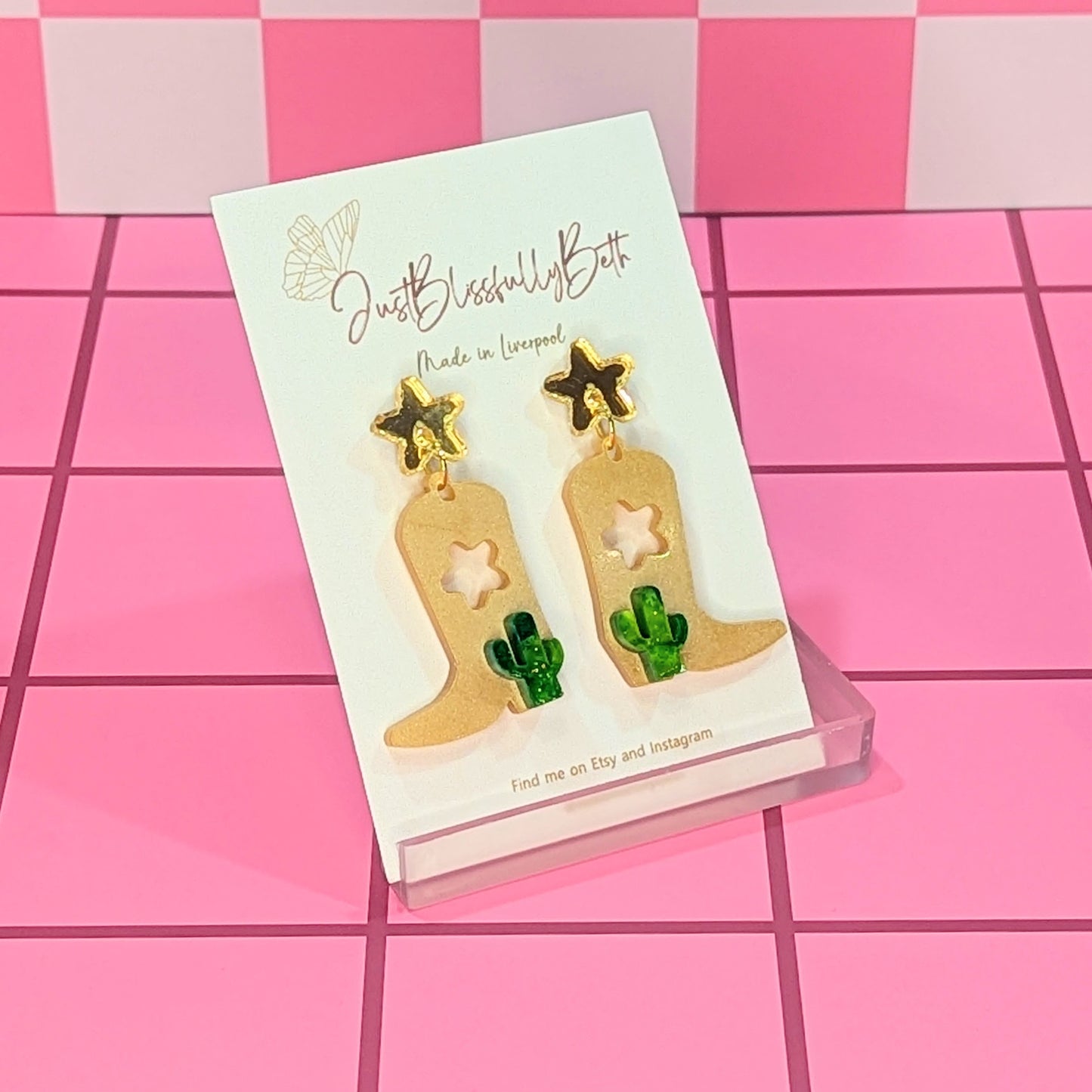 The Country and Western Cowgirl boots earrings by Just Blissfully Beth gold with cactus