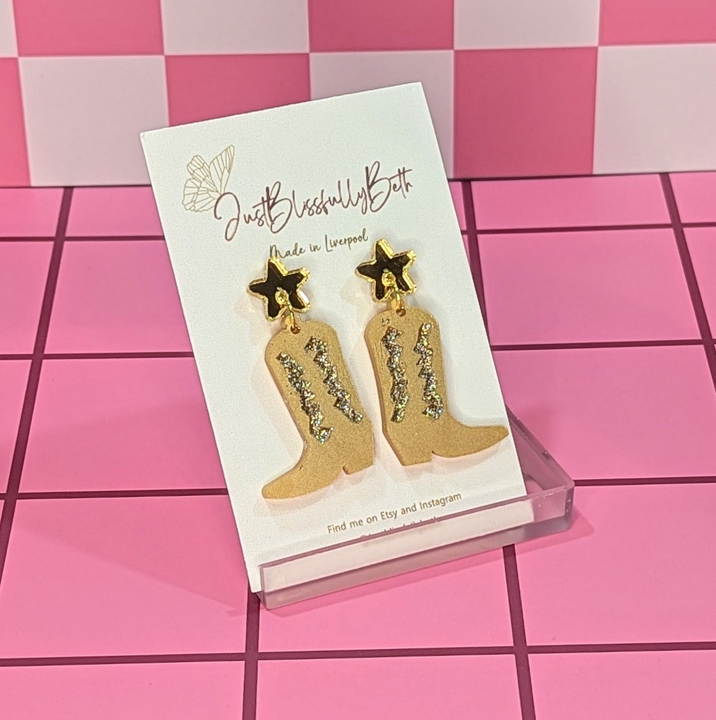 The Country and Western Cowgirl boots earrings by Just Blissfully Beth in gold