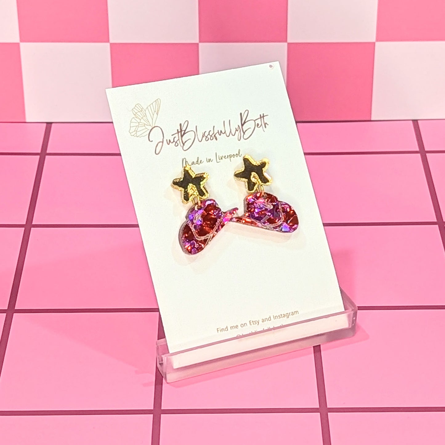 The pink Country and Western stetson hat earrings by Just Blissfully Beth.