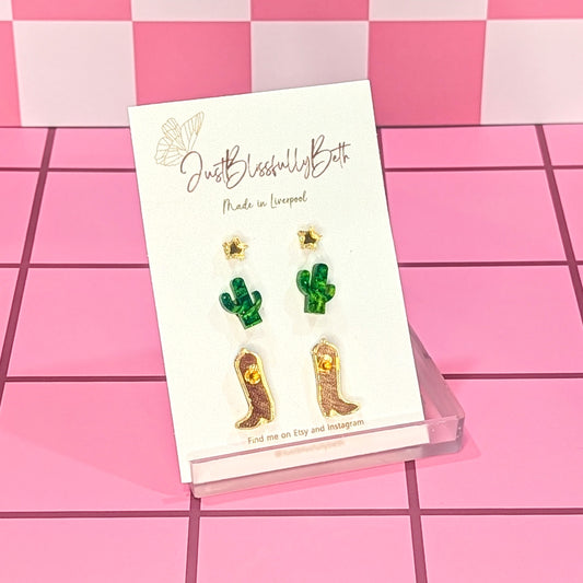 Cowgirl Stud Pack of Earrings with cowgirl boots, cactus and stars.