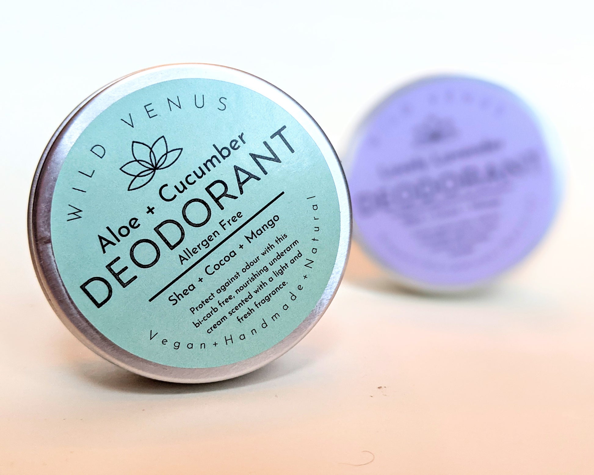 Aloe and cucumber deodorant in front of lovely lavender deodorant. 
