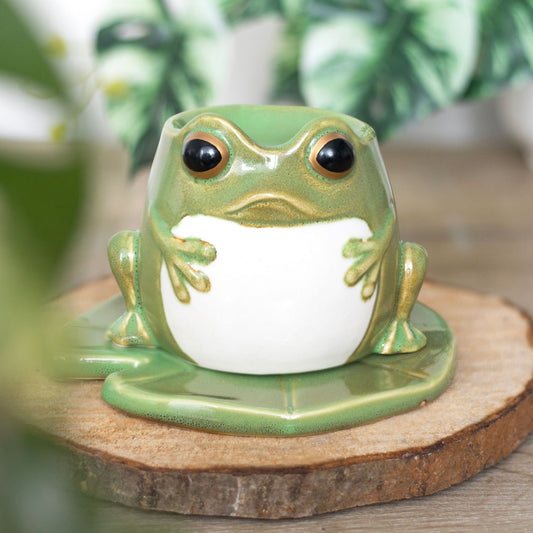 This cute frog sits confidently on a lily pad. The frog is in fact a wax warmer.
