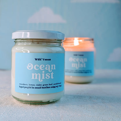 An Ocean Mist scented candle is in front of a lit Ocean Mist soy candle. They are both on a soft white surface and against a blue background with clouds. 