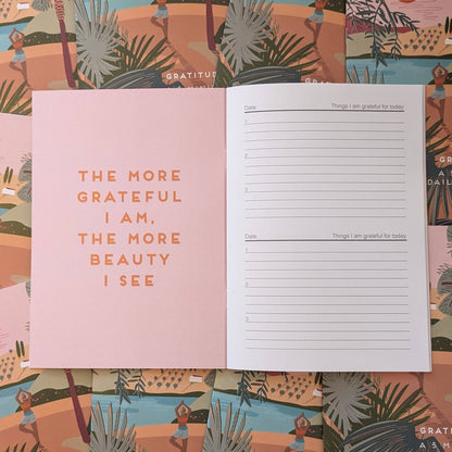 The gratitude notebook on an open page. 