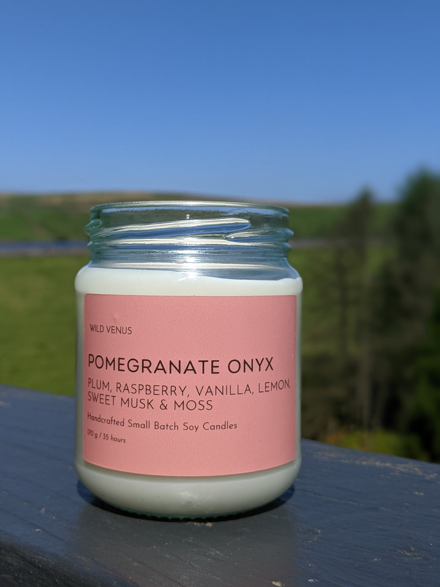 A Pomegranate Onyx Soy Wax Candle sitting outside