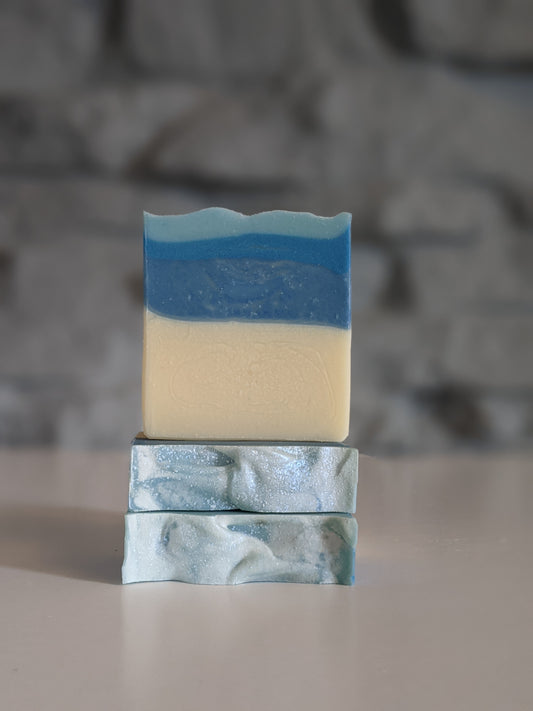 Three bars  of the blue striped Ice Queen soap