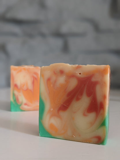 Two bars of the Soul Sister, Orange and Patchouli scented soap.