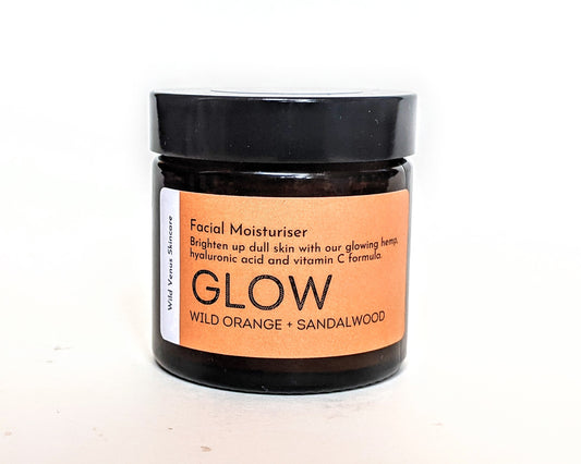 A closed jar of the GLOW facial moisturiser. 