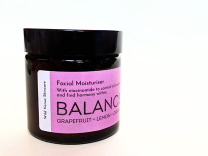 A closed jar of BALANCE facial moisturiser, shown from a side angle. 