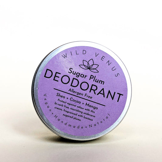 A tin of Sugar Plum allergen free deodorant against a white background. 