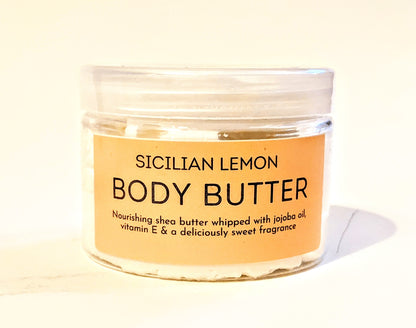 A large tub if the Sicilian Lemon Body Butter made with Shea Butter.