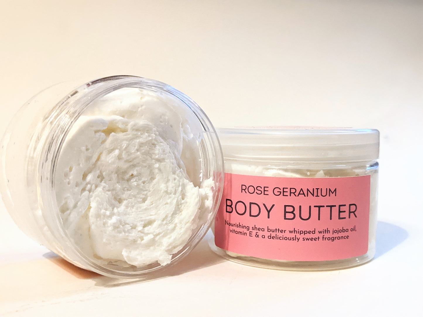 A large tub of the rose geranium body butter. Made with triple whipped shea butter, jojoba oil and coconut oil, it's light and fluffy.