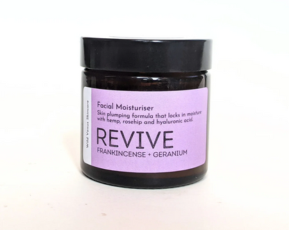 a jar of revive serum with frankincense and geranium. 