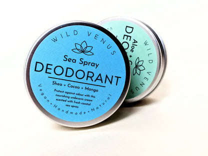A tin of Sea Spray Deodorant in front of an Aloe Deodorant
