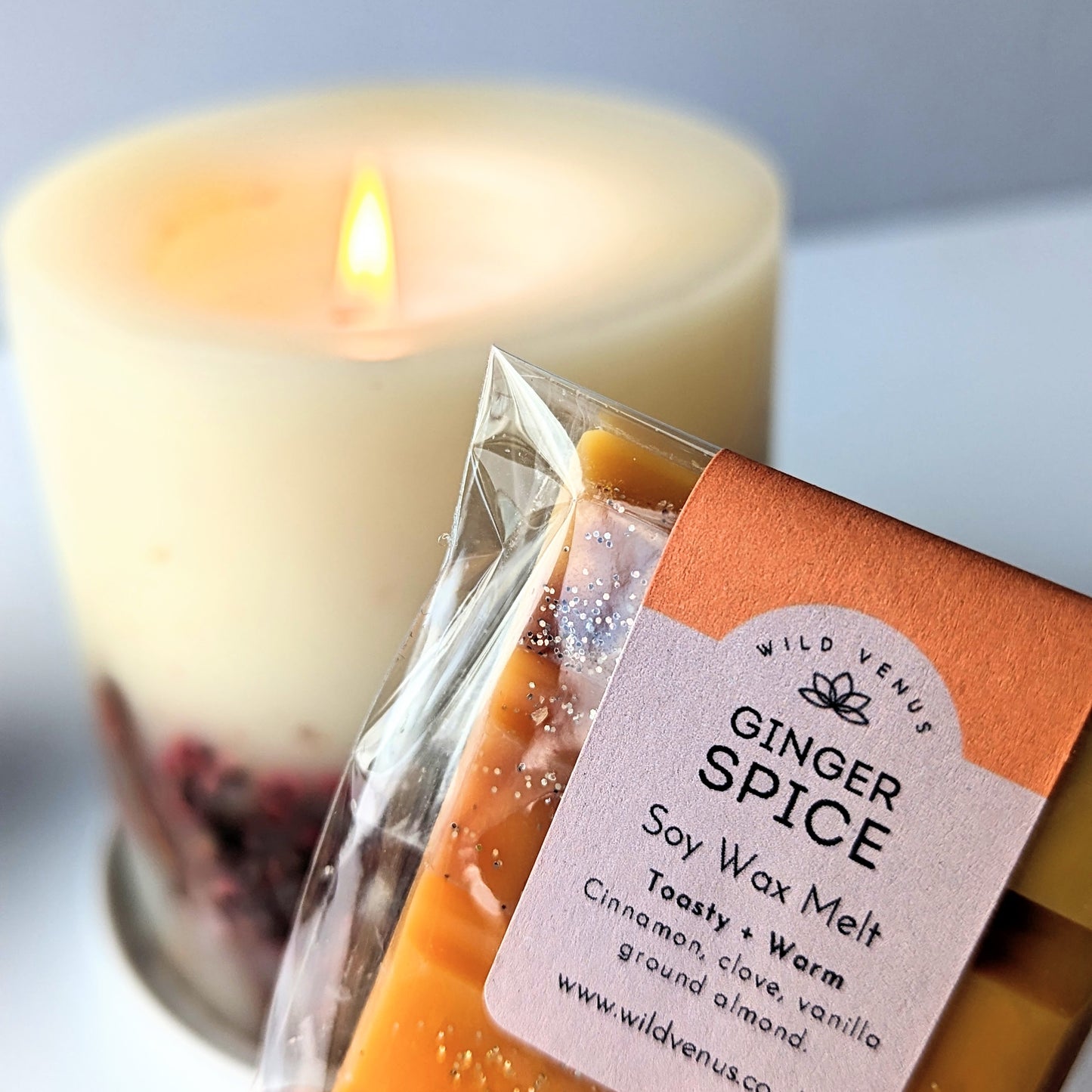Soy wax melt ginger spice and a candle.