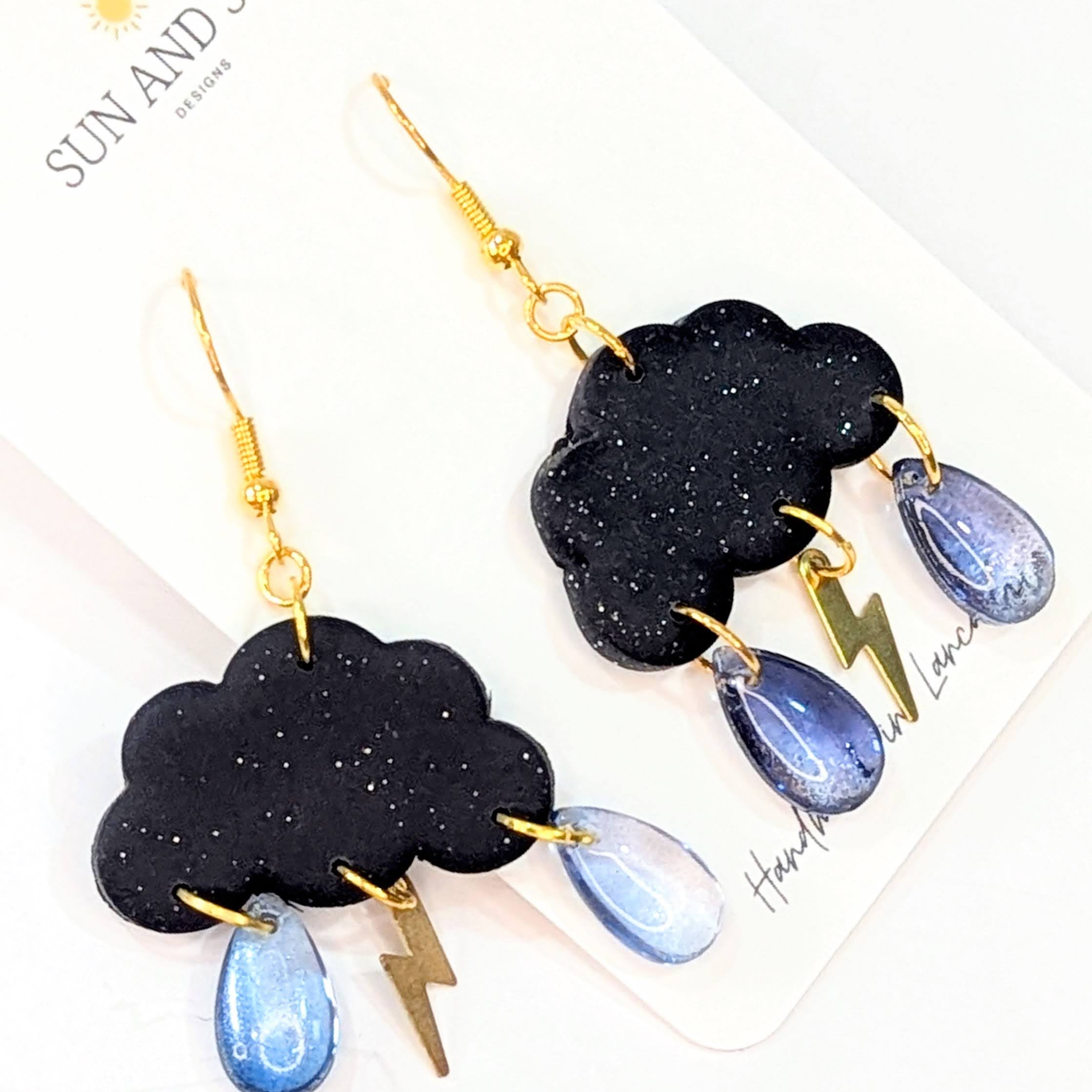 Black cloud and blue raindrop earrings with thunder
