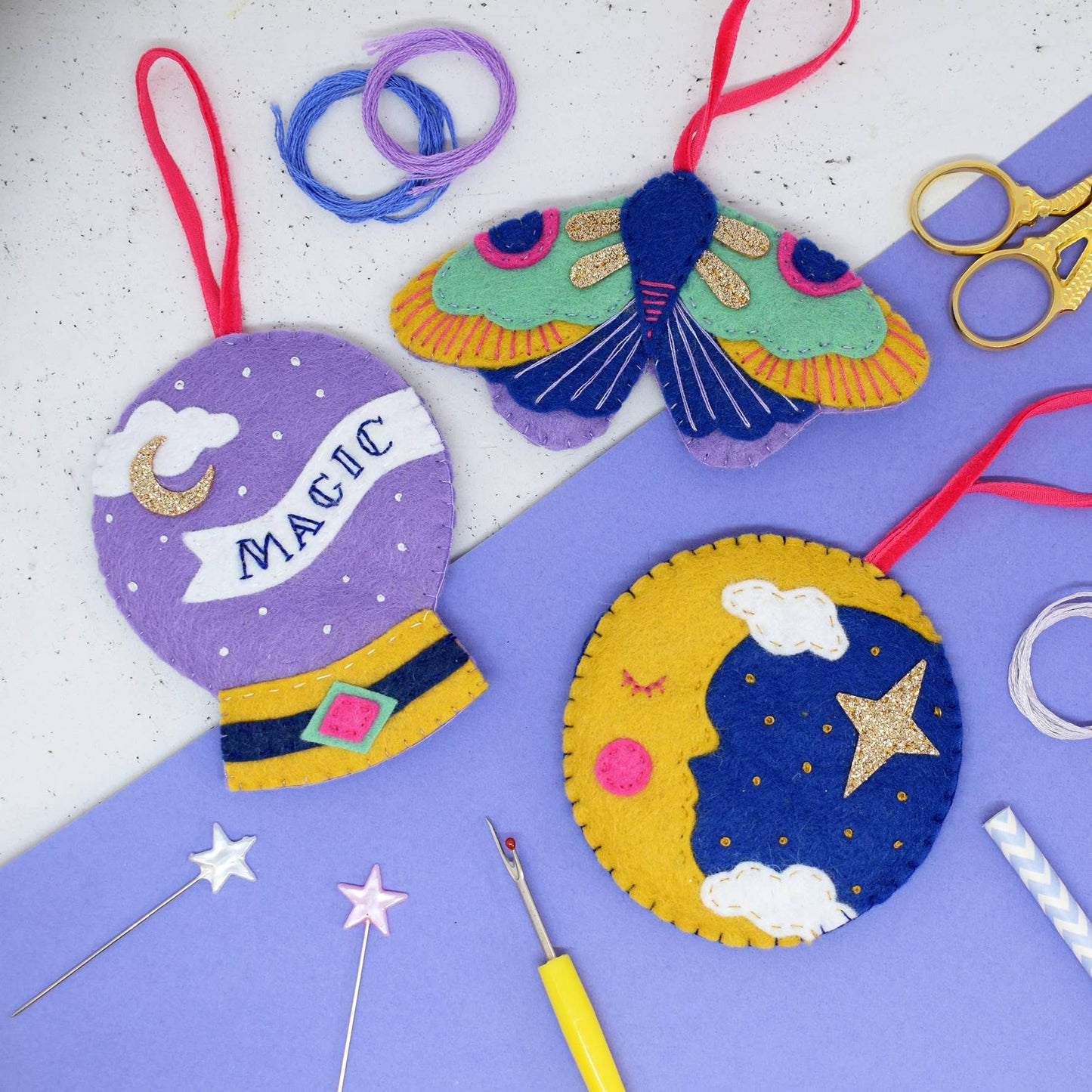 The magical felt stitching kit contains a moon, a moth and a crystal ball for you to make. 