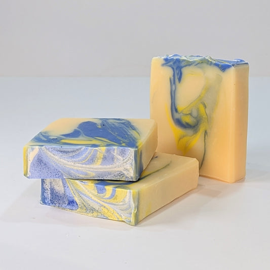 Three Squeeze the day natural handmade soaps. Scented with Lemon and lemongrass  essential oils. 