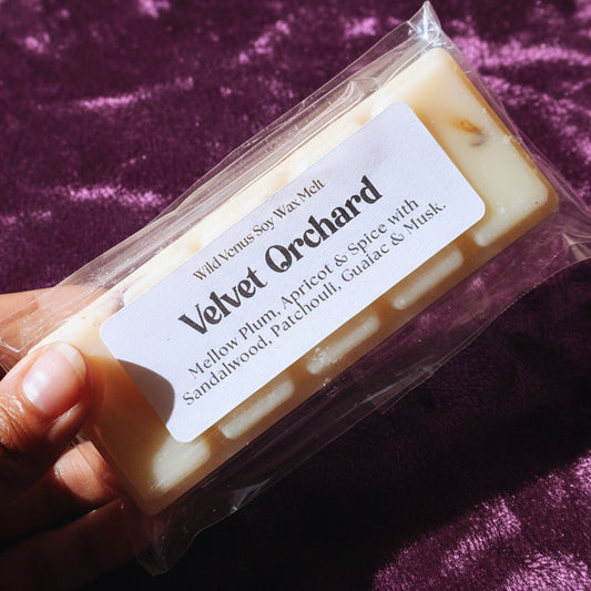A hand holds the Velvet orchard soy wax melt against a velvet background