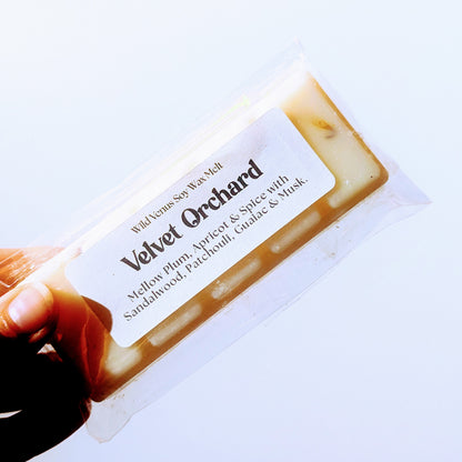 A hand holds the Velvet orchard soy wax melt against a white background.