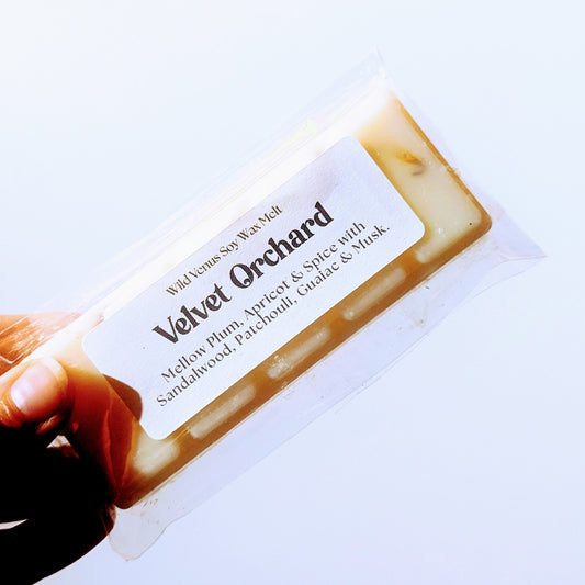 A hand holds the Velvet orchard soy wax melt against a white background.