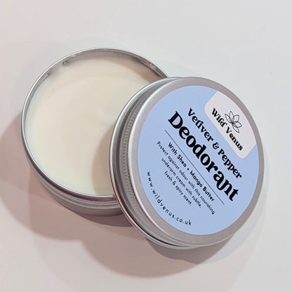An open pot of  Vetiver and Pepper deodorant