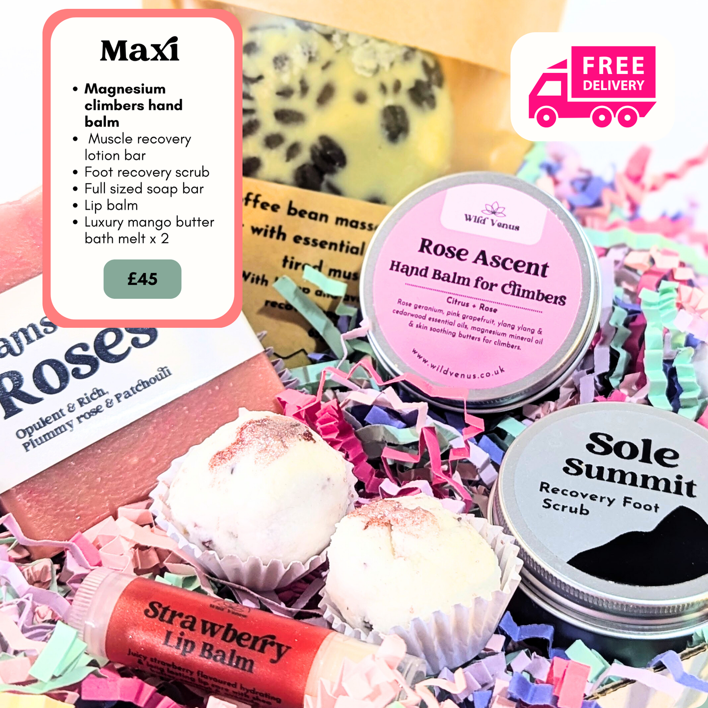 A close up photo of the contents of a maxi gift box for climbers wellness and recovery. 