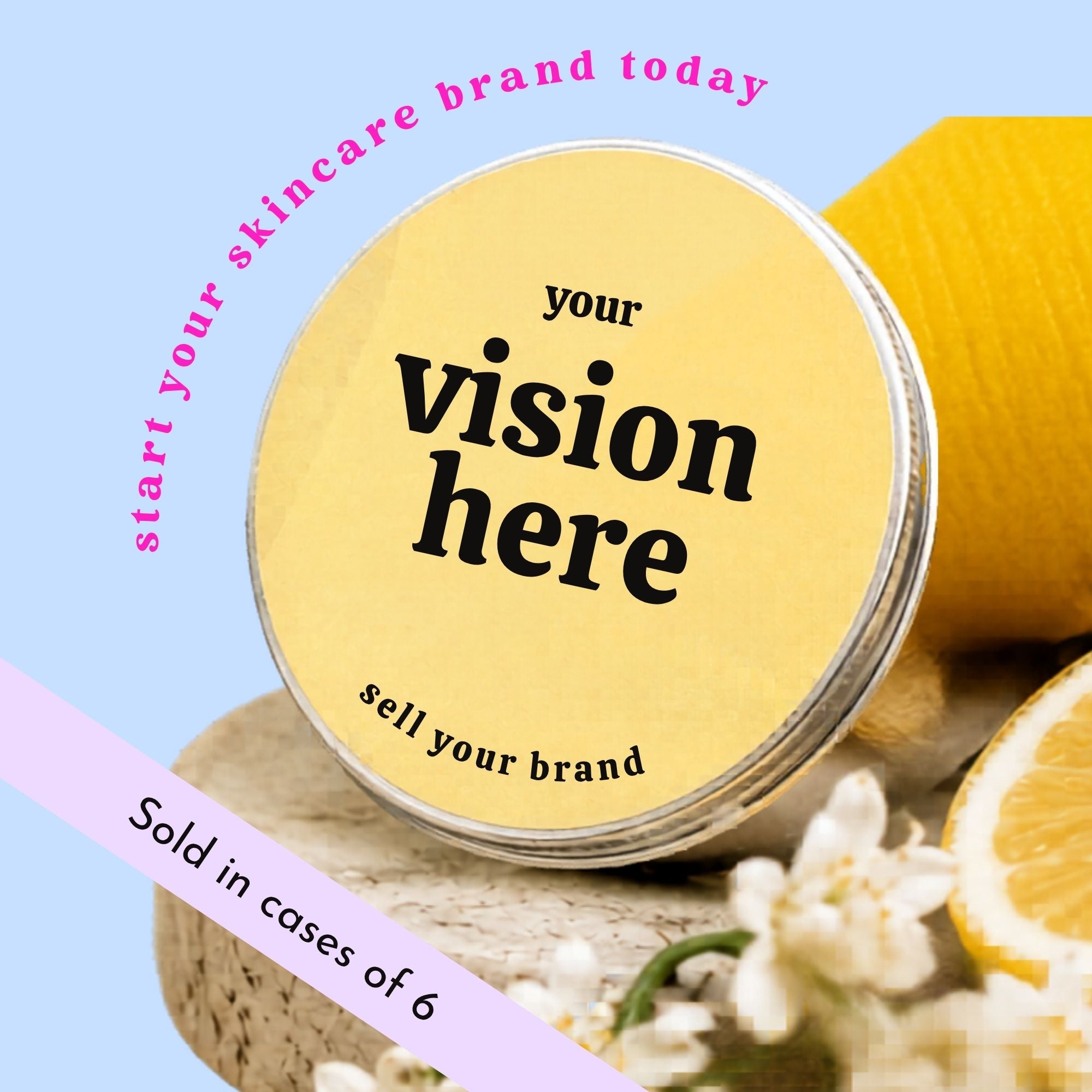 Skincare product container with 'Your vision here' text on a light blue background