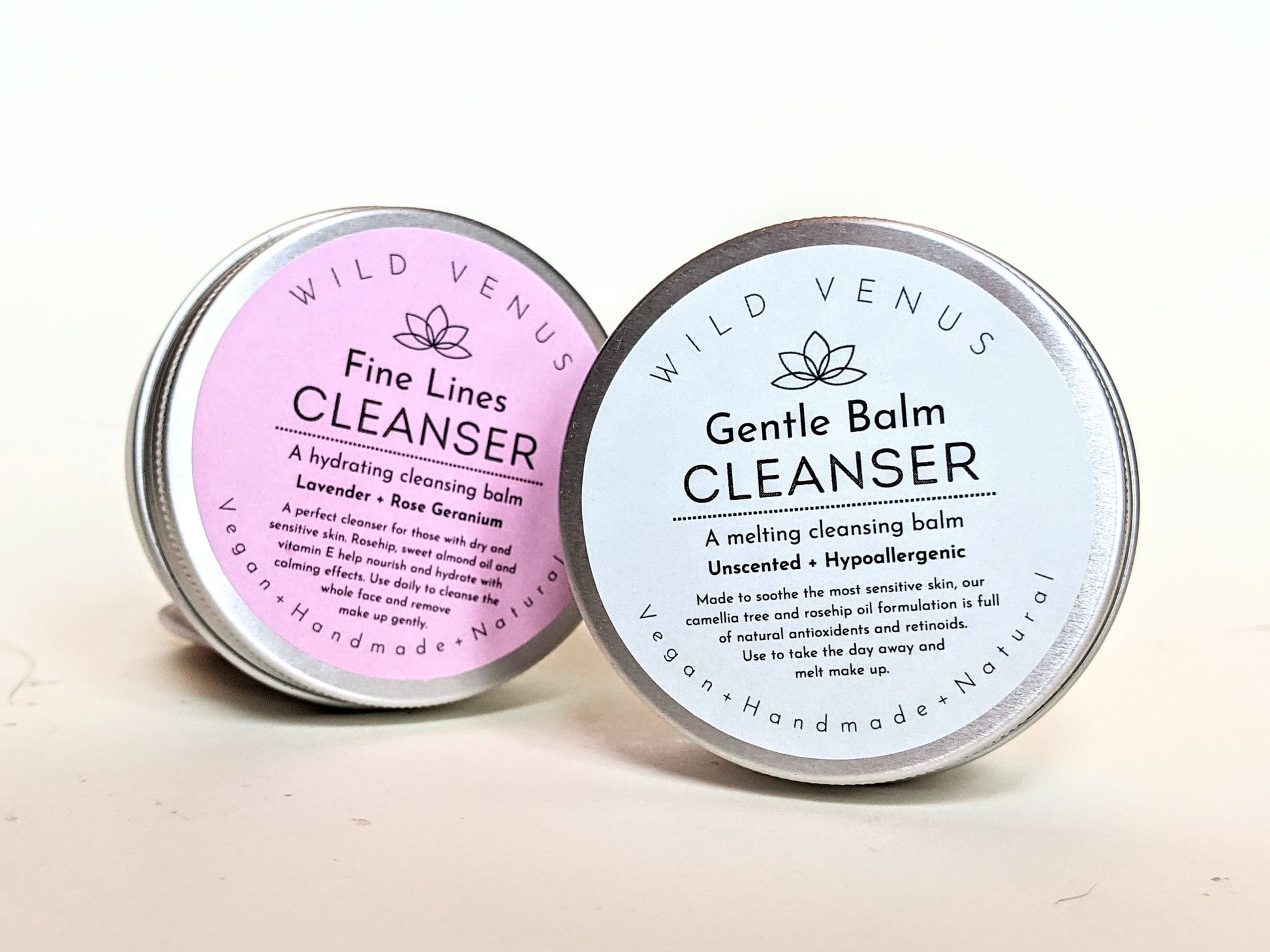 A gentle balm cleanser in front of a fine lines cleanser. 