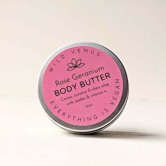 A tin of rose geranium body butter