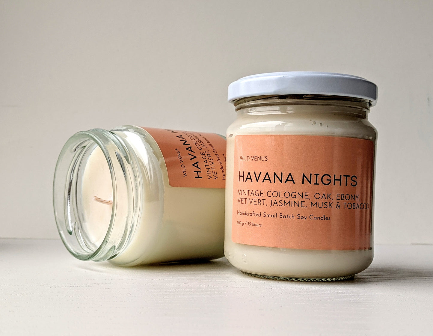 Two Havana Nights hand made soy candles against a white background.