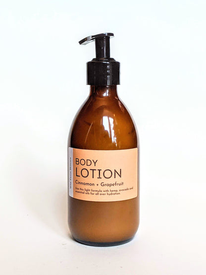 A bottle of cinnamon, grapefruit and peppermint hand and body lotion. 