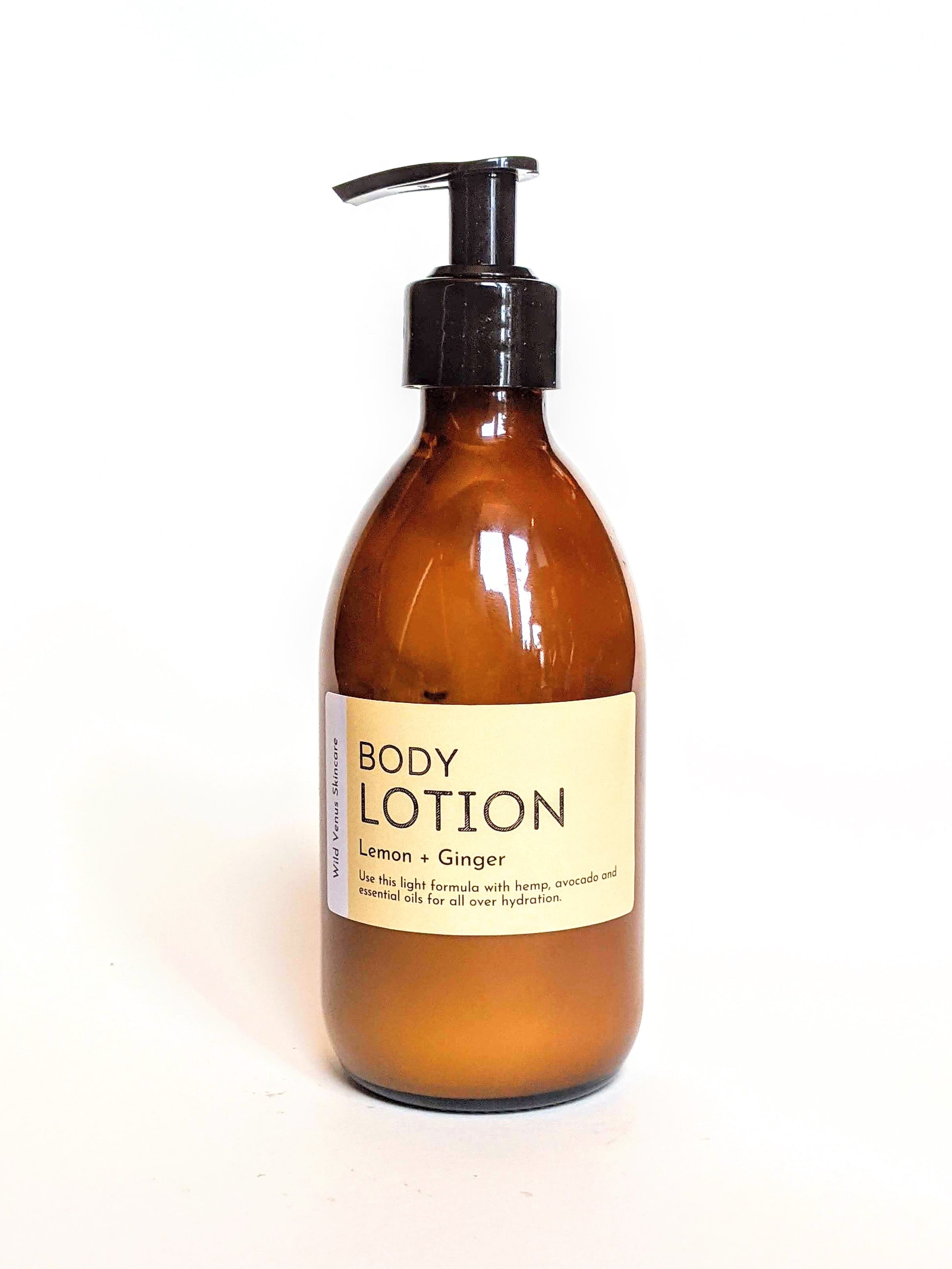 A bottle of lemon and ginger hand and body lotion. 