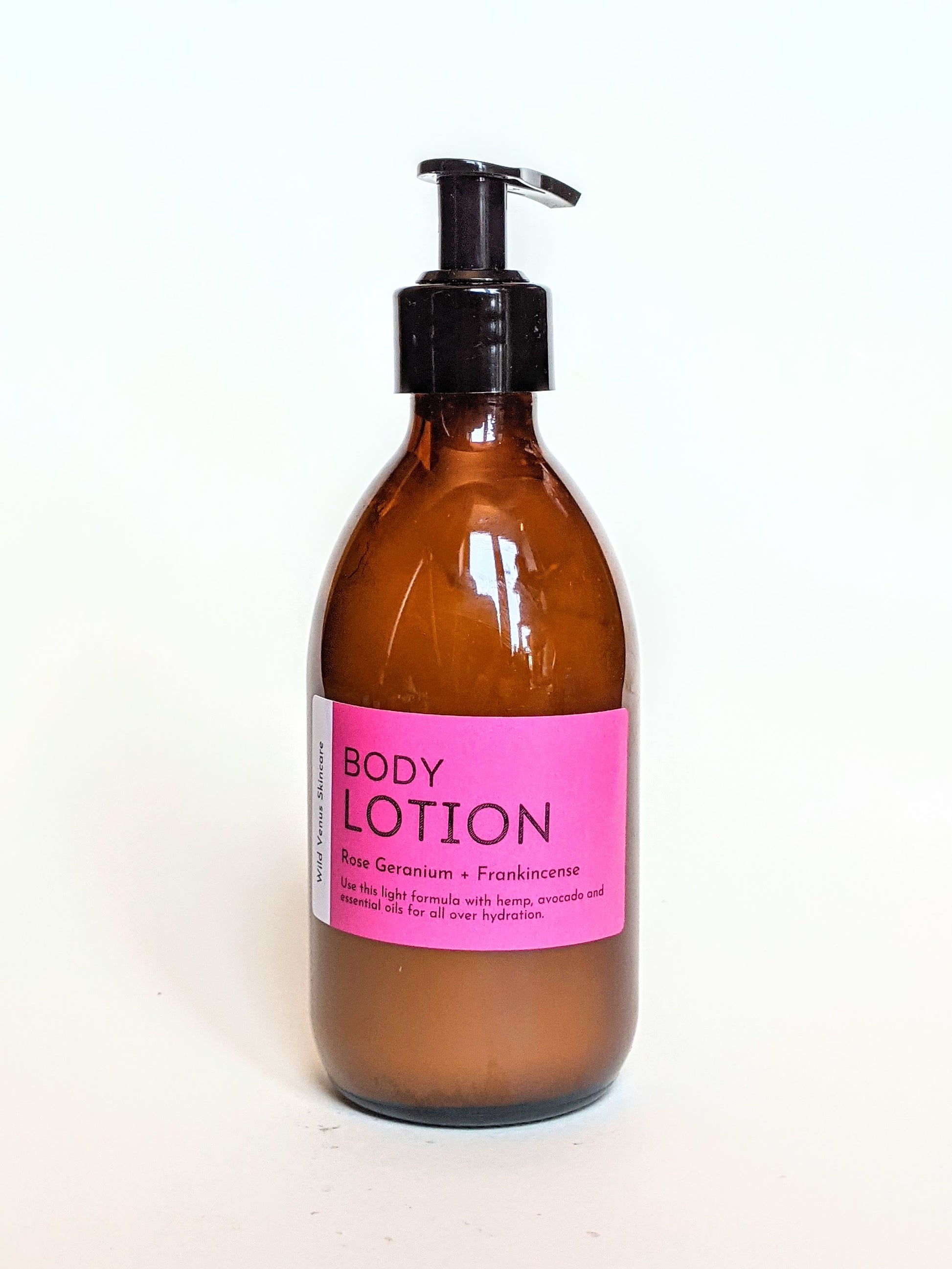 A bottle of rose geranium and frankincense hand and body lotion